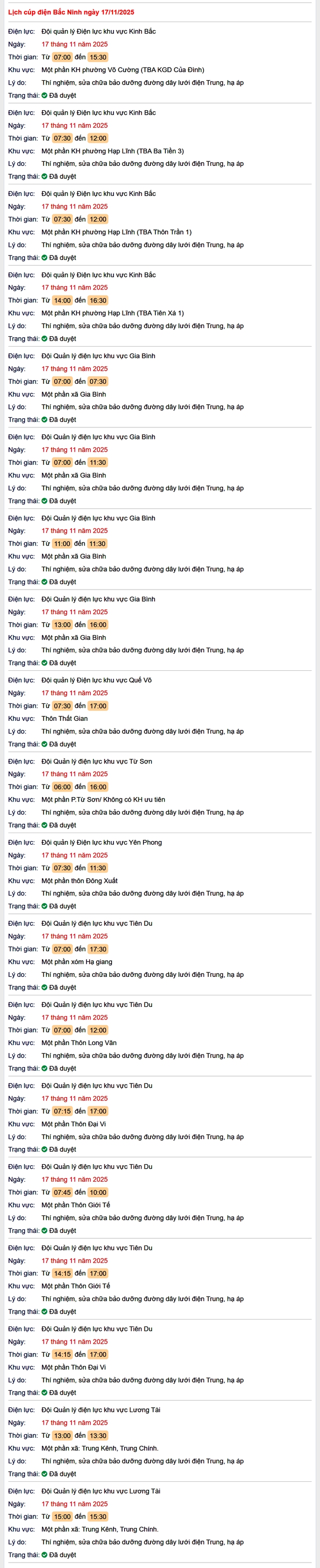 Tra cứu lịch cắt điện Bắc Ninh hôm nay Thứ 2 ngày 17/11/2025- Ảnh 1. Tra cứu lịch cắt điện Bắc Ninh hôm nay Thứ 2 ngày 17/11/2025- Ảnh 1.
