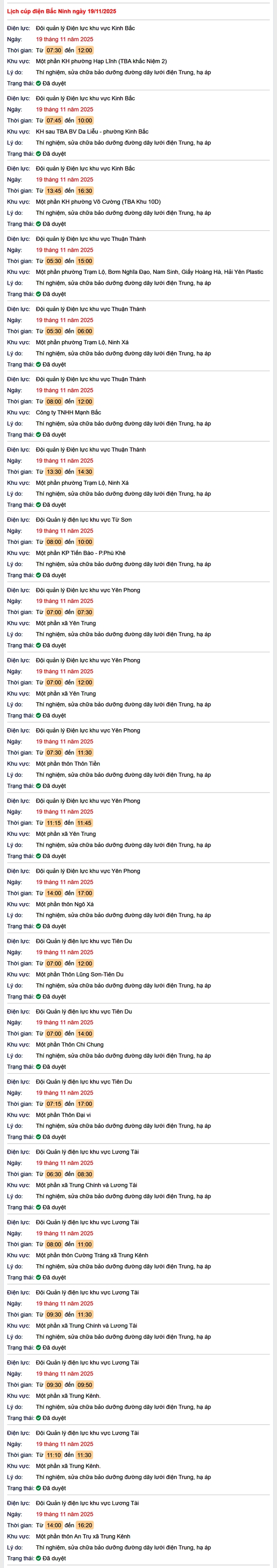 Tra cứu lịch cắt điện Bắc Ninh hôm nay Thứ 4 ngày 19/11/2025- Ảnh 1.