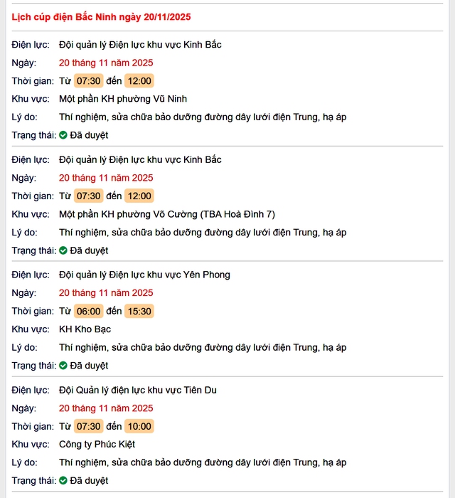 Tra cứu lịch cắt điện Bắc Ninh hôm nay Thứ 5 ngày 20/11/2025- Ảnh 1.