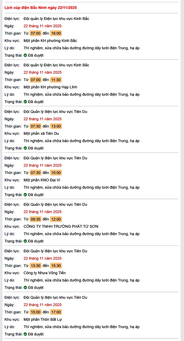 Tra cứu lịch cắt điện Bắc Ninh hôm nay Thứ 7 ngày 22/11/2025- Ảnh 1. Tra cứu lịch cắt điện Bắc Ninh hôm nay Thứ 7 ngày 22/11/2025- Ảnh 1.