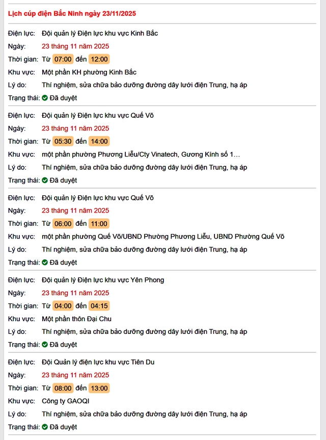 Tra cứu lịch cắt điện Bắc Ninh hôm nay Chủ Nhật ngày 23/11/2025- Ảnh 1.