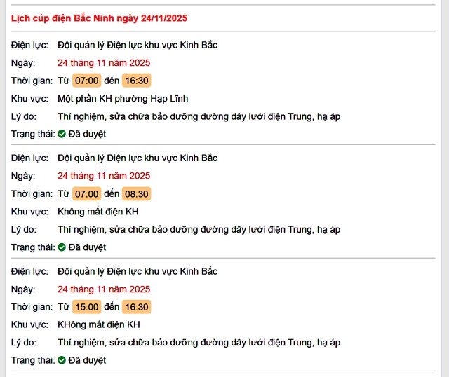 Tra cứu lịch cắt điện Bắc Ninh hôm nay Thứ 2 ngày 24/11/2025- Ảnh 1.