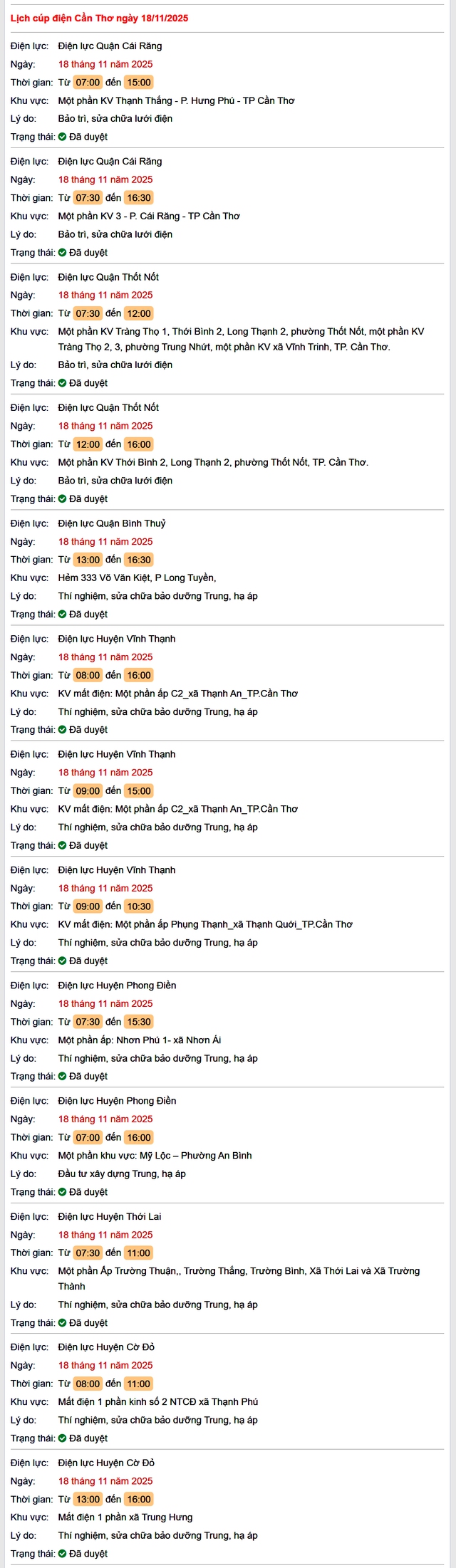 Tra cứu lịch cúp điện Cần Thơ hôm nay Thứ 3 ngày 18/11/2025- Ảnh 1.