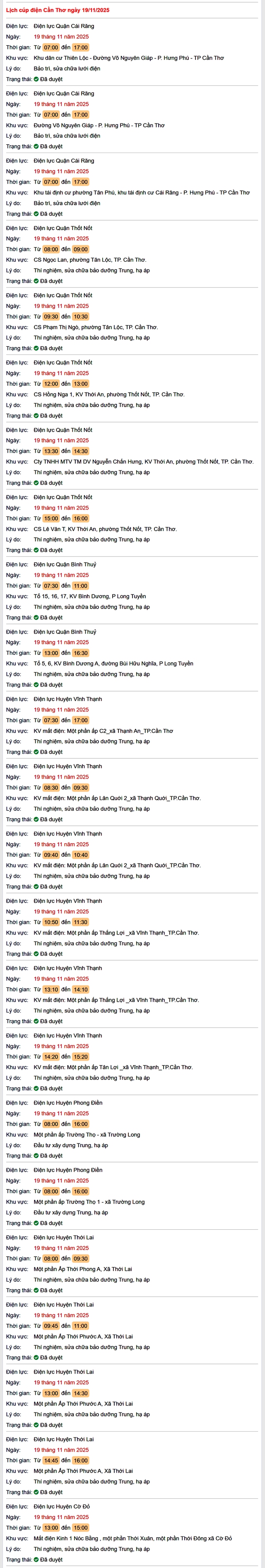 Tra cứu lịch cúp điện Cần Thơ hôm nay Thứ 4 ngày 19/11/2025- Ảnh 1.
