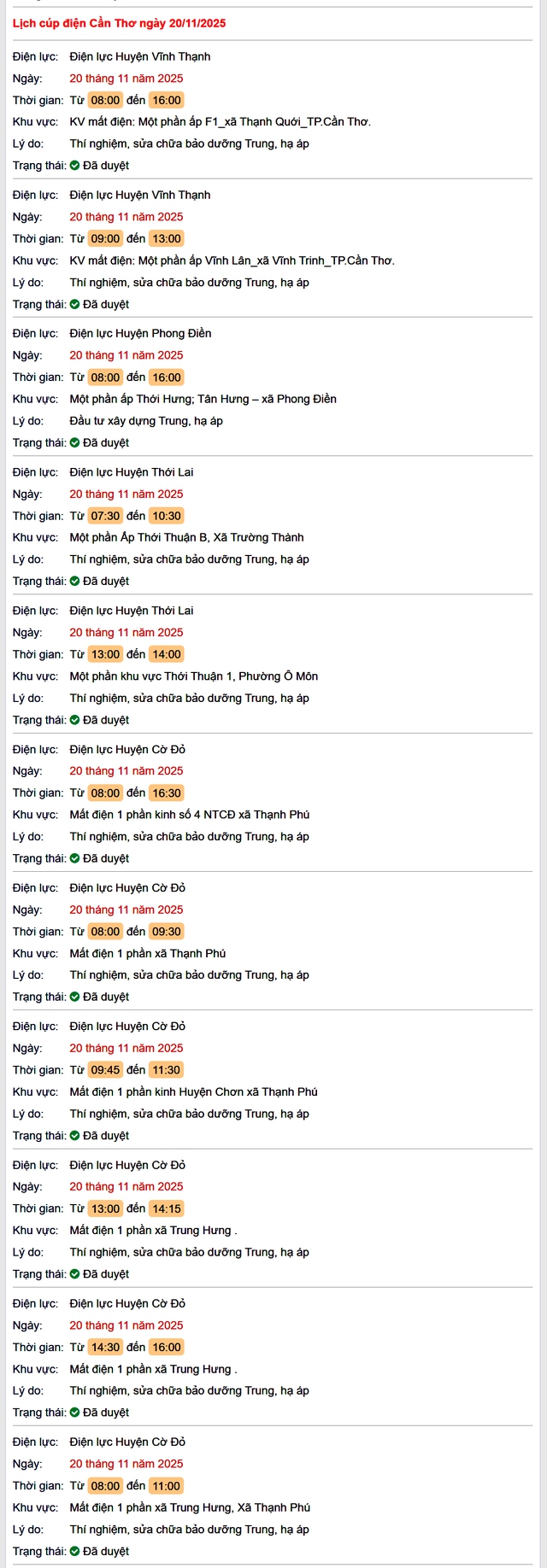 Tra cứu lịch cúp điện Cần Thơ hôm nay Thứ 5 ngày 20/11/2025- Ảnh 1.