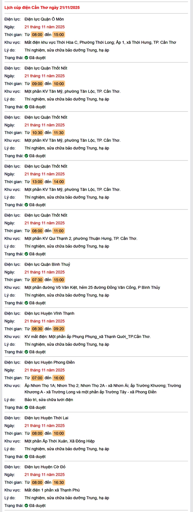 Tra cứu lịch cúp điện Cần Thơ hôm nay Thứ 6 ngày 21/11/2025- Ảnh 1.