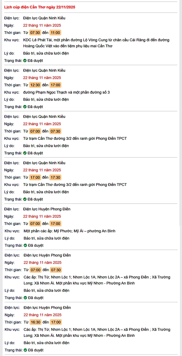 Tra cứu lịch cúp điện Cần Thơ hôm nay Thứ 7 ngày 22/11/2025- Ảnh 1.