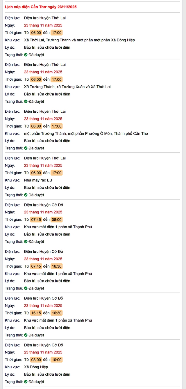 Tra cứu lịch cúp điện Cần Thơ hôm nay Chủ Nhật ngày 23/11/2025- Ảnh 1.