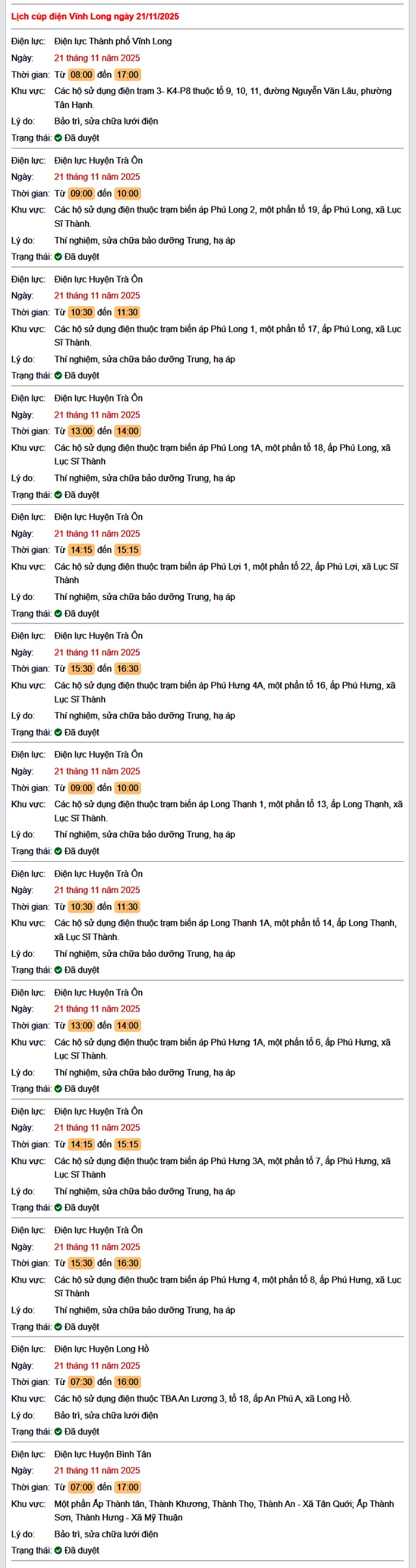 Tra cứu lịch cúp điện Vĩnh Long hôm nay Thứ 6 ngày 21/11/2025- Ảnh 1.