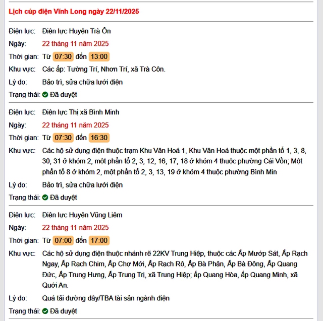 Tra cứu lịch cúp điện Vĩnh Long hôm nay Thứ 7 ngày 22/11/2025- Ảnh 1.