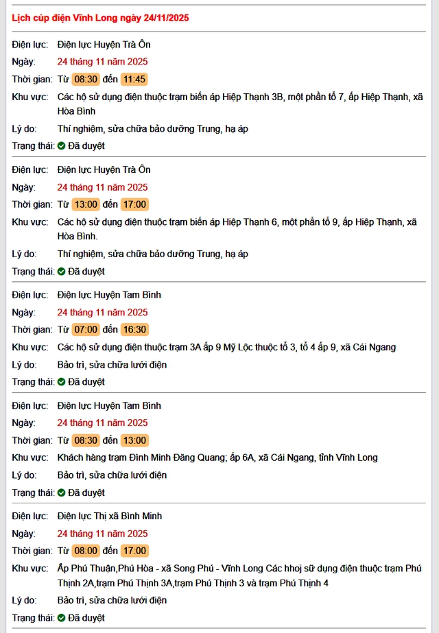 Tra cứu lịch cúp điện Vĩnh Long hôm nay Thứ 2 ngày 24/11/2025- Ảnh 1.