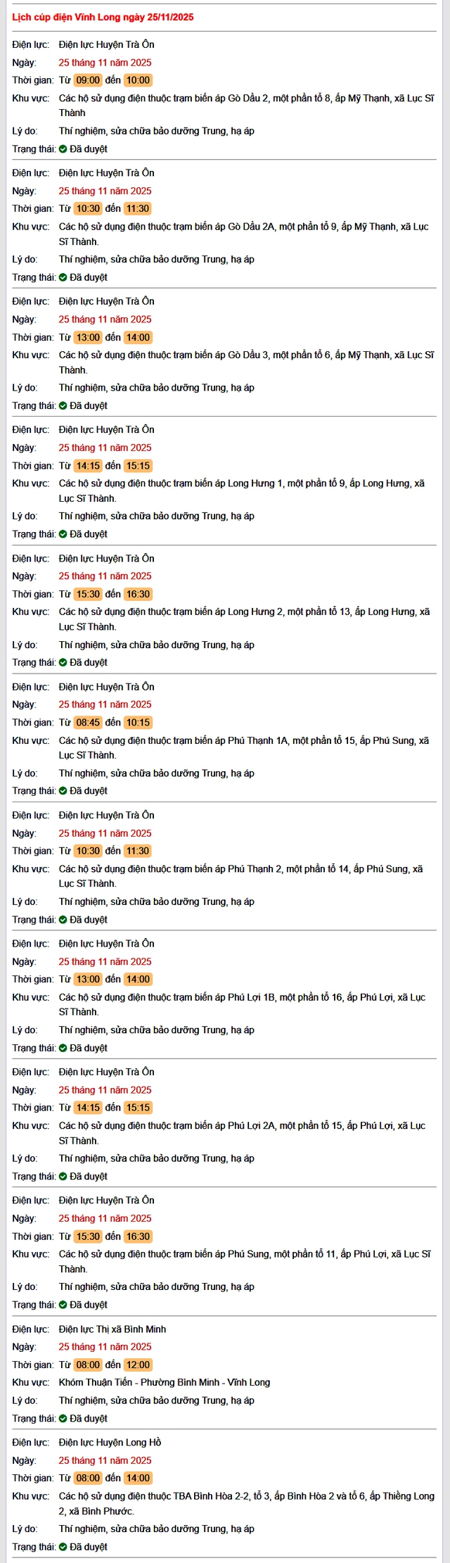 Tra cứu lịch cúp điện Vĩnh Long hôm nay Thứ 3 ngày 25/11/2025- Ảnh 1.