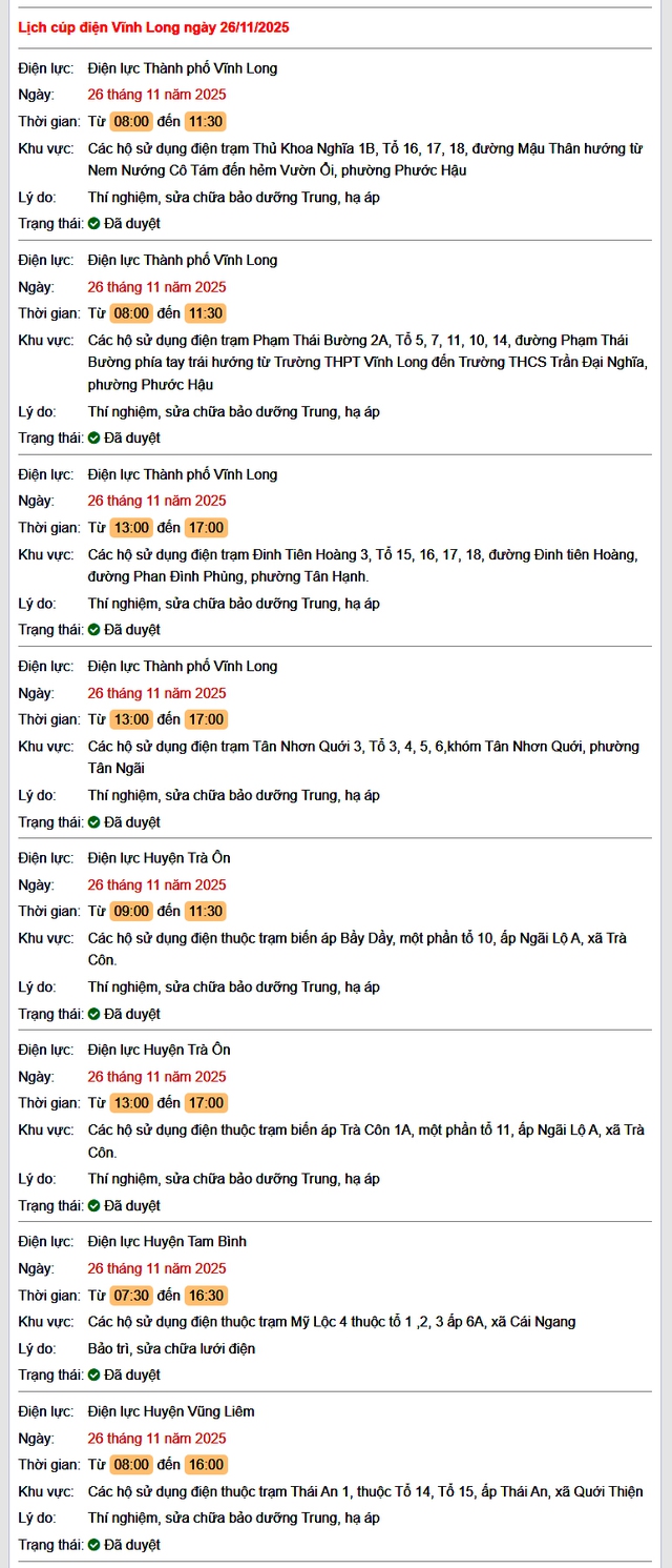 Tra cứu lịch cúp điện Vĩnh Long hôm nay Thứ 4 ngày 26/11/2025- Ảnh 1.