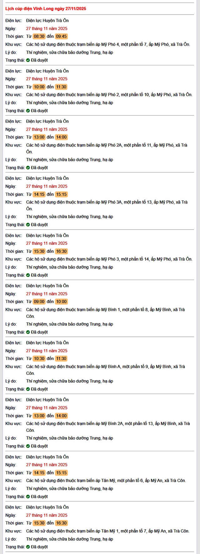 Tra cứu lịch cúp điện Vĩnh Long hôm nay Thứ 5 ngày 27/11/2025- Ảnh 1.