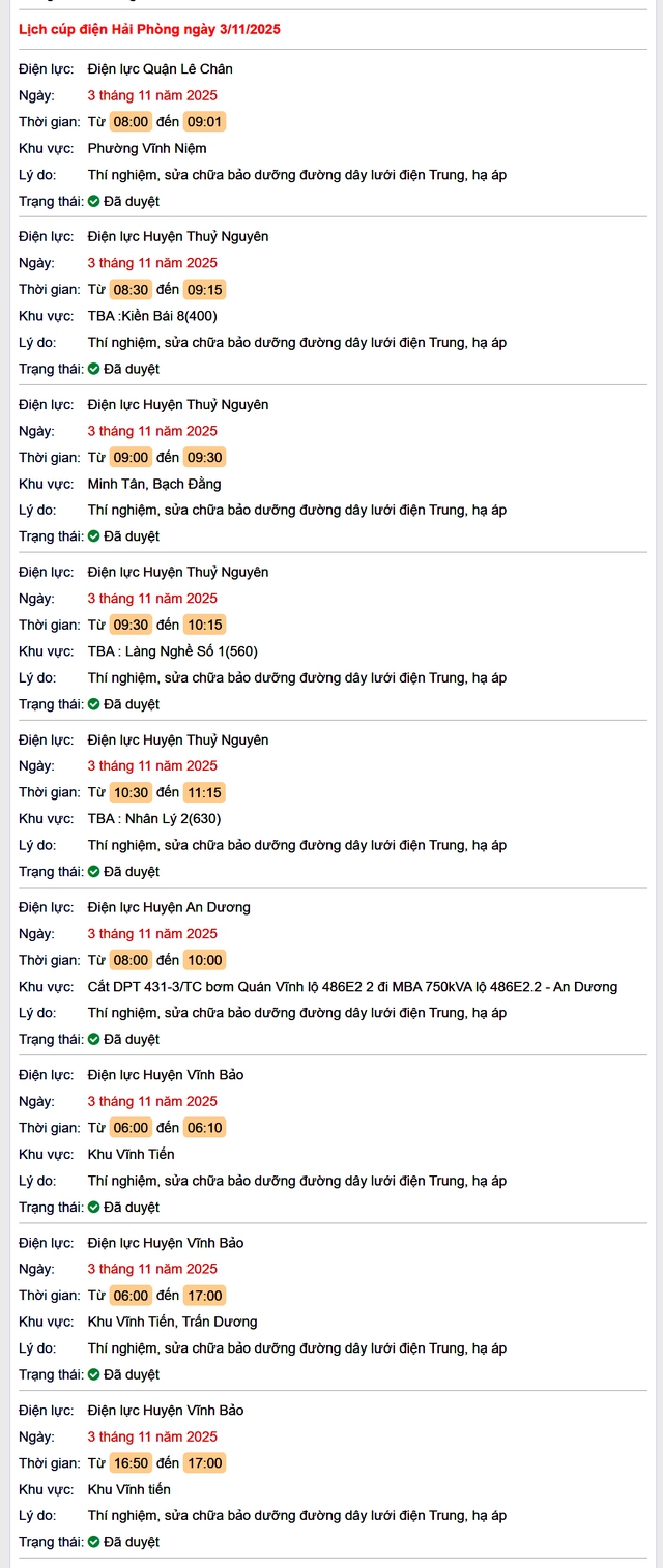 Tra cứu lịch cắt điện Hải Phòng hôm nay Thứ 2 ngày 3/11/2025- Ảnh 1.