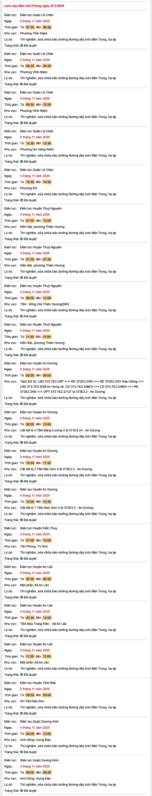 Tra cứu lịch cắt điện Hải Phòng hôm nay Thứ 4 ngày 5/11/2025- Ảnh 1. Tra cứu lịch cắt điện Hải Phòng hôm nay Thứ 4 ngày 5/11/2025- Ảnh 1.