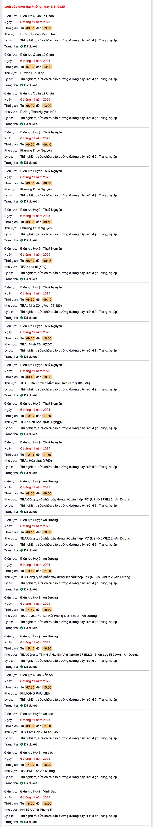 Tra cứu lịch cắt điện Hải Phòng hôm nay Thứ 5 ngày 6/11/2025- Ảnh 1. Tra cứu lịch cắt điện Hải Phòng hôm nay Thứ 5 ngày 6/11/2025- Ảnh 1.