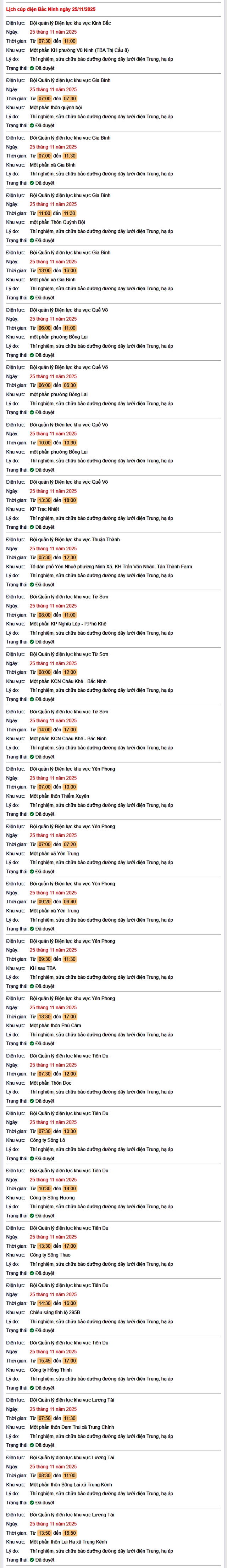 Tra cứu lịch cắt điện Bắc Ninh hôm nay Thứ 3 ngày 25/11/2025- Ảnh 1.