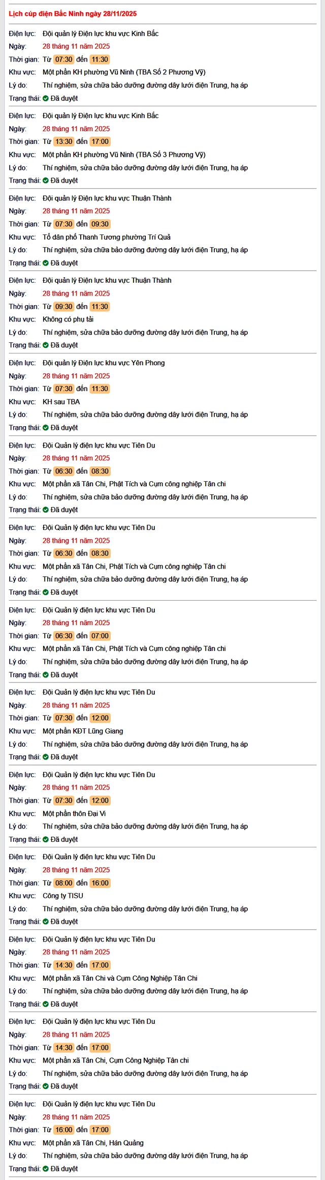 Tra cứu lịch cắt điện Bắc Ninh hôm nay Thứ 6 ngày 28/11/2025- Ảnh 1. Tra cứu lịch cắt điện Bắc Ninh hôm nay Thứ 6 ngày 28/11/2025- Ảnh 1.