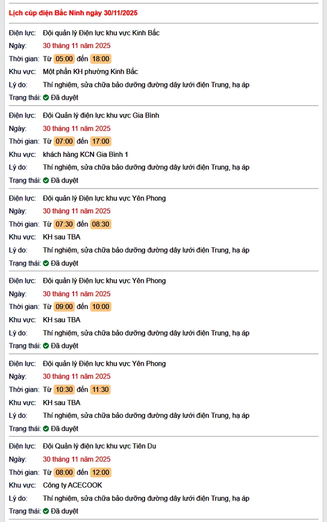 Tra cứu lịch cắt điện Bắc Ninh hôm nay Chủ Nhật ngày 30/11/2025- Ảnh 1. Tra cứu lịch cắt điện Bắc Ninh hôm nay Chủ Nhật ngày 30/11/2025- Ảnh 1.