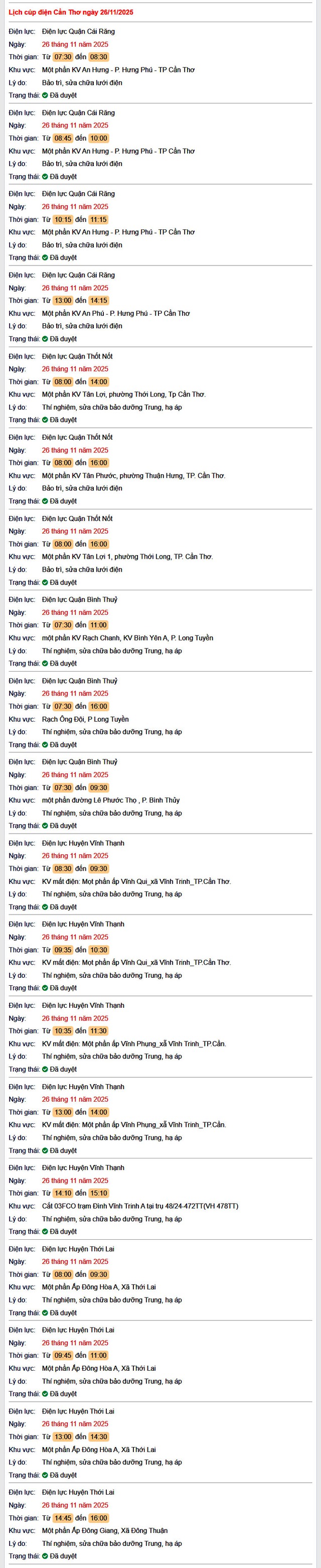 Tra cứu lịch cúp điện Cần Thơ hôm nay Thứ 4 ngày 26/11/2025- Ảnh 1.