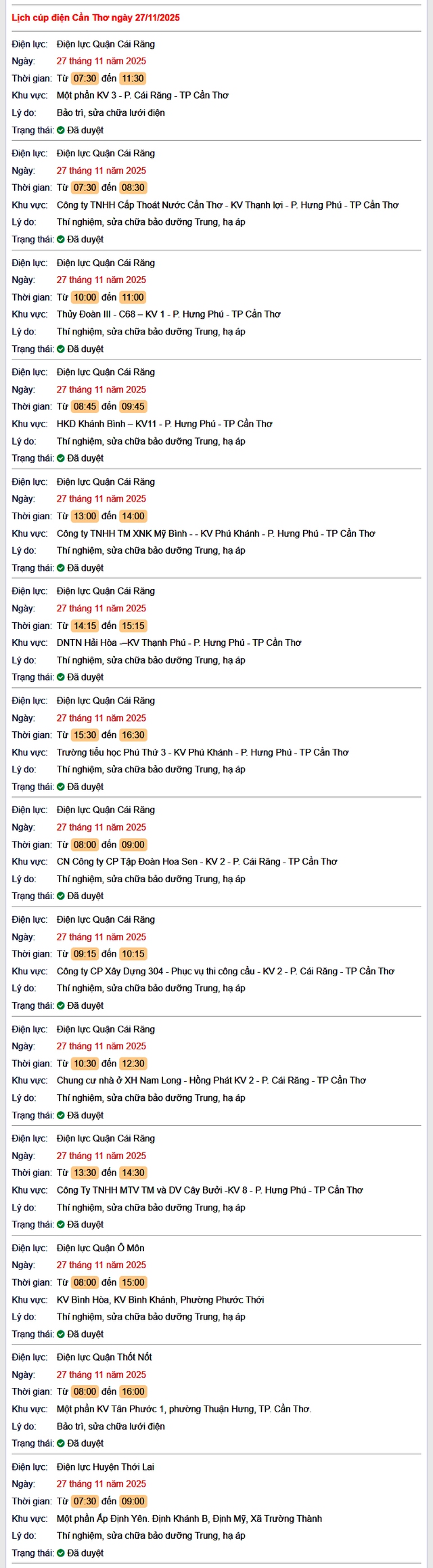 Tra cứu lịch cúp điện Cần Thơ hôm nay Thứ 5 ngày 27/11/2025- Ảnh 1.