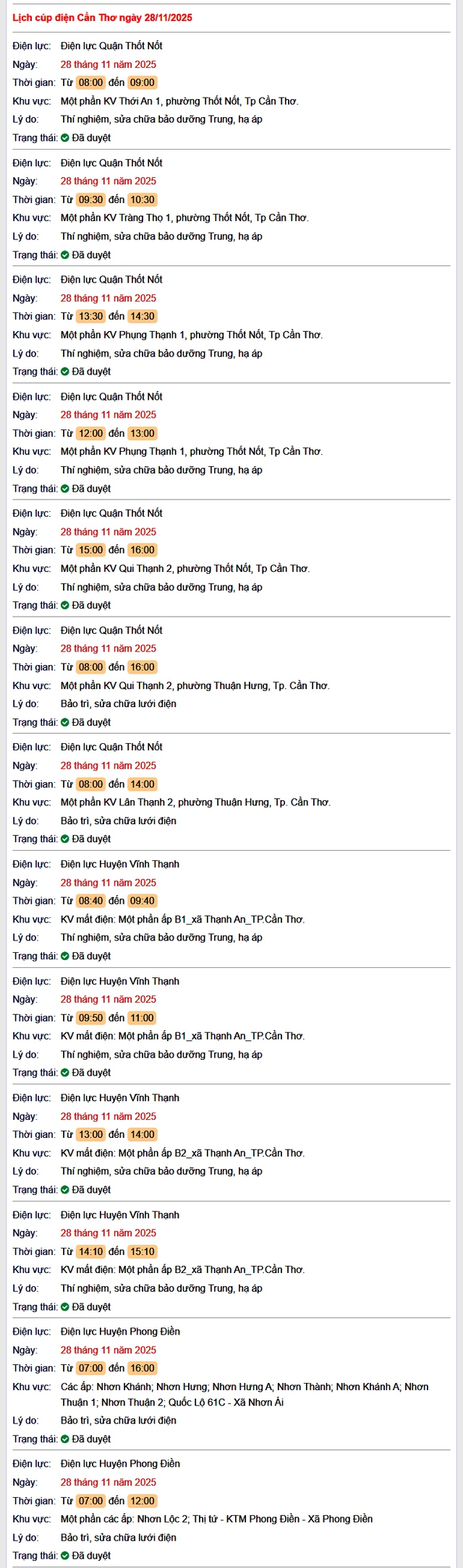 Tra cứu lịch cúp điện Cần Thơ hôm nay Thứ 6 ngày 28/11/2025- Ảnh 1. Tra cứu lịch cúp điện Cần Thơ hôm nay Thứ 6 ngày 28/11/2025- Ảnh 1.