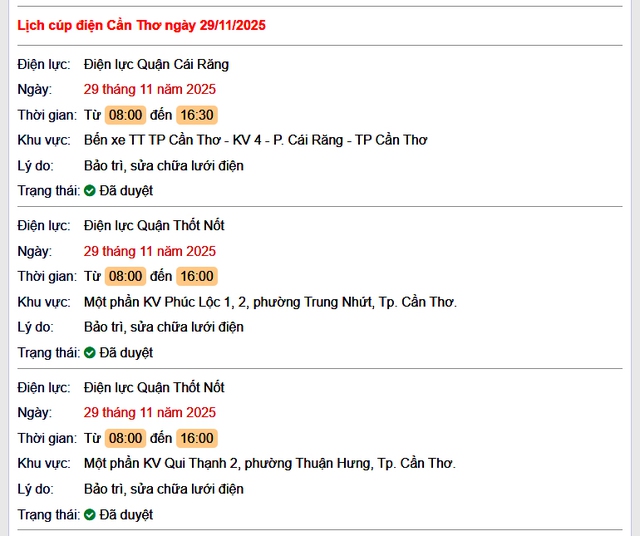 Tra cứu lịch cúp điện Cần Thơ hôm nay Thứ 7 ngày 29/11/2025- Ảnh 1. Tra cứu lịch cúp điện Cần Thơ hôm nay Thứ 7 ngày 29/11/2025- Ảnh 1.
