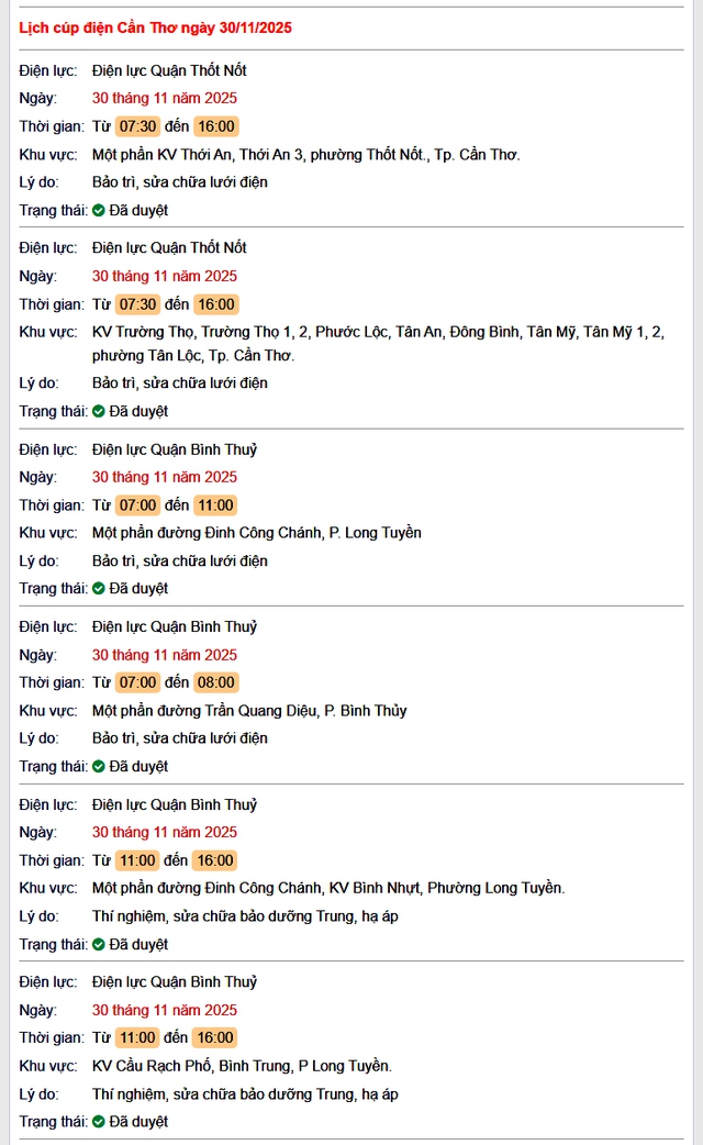 Tra cứu lịch cúp điện Cần Thơ hôm nay Chủ Nhật ngày 30/11/2025- Ảnh 1. Tra cứu lịch cúp điện Cần Thơ hôm nay Chủ Nhật ngày 30/11/2025- Ảnh 1.