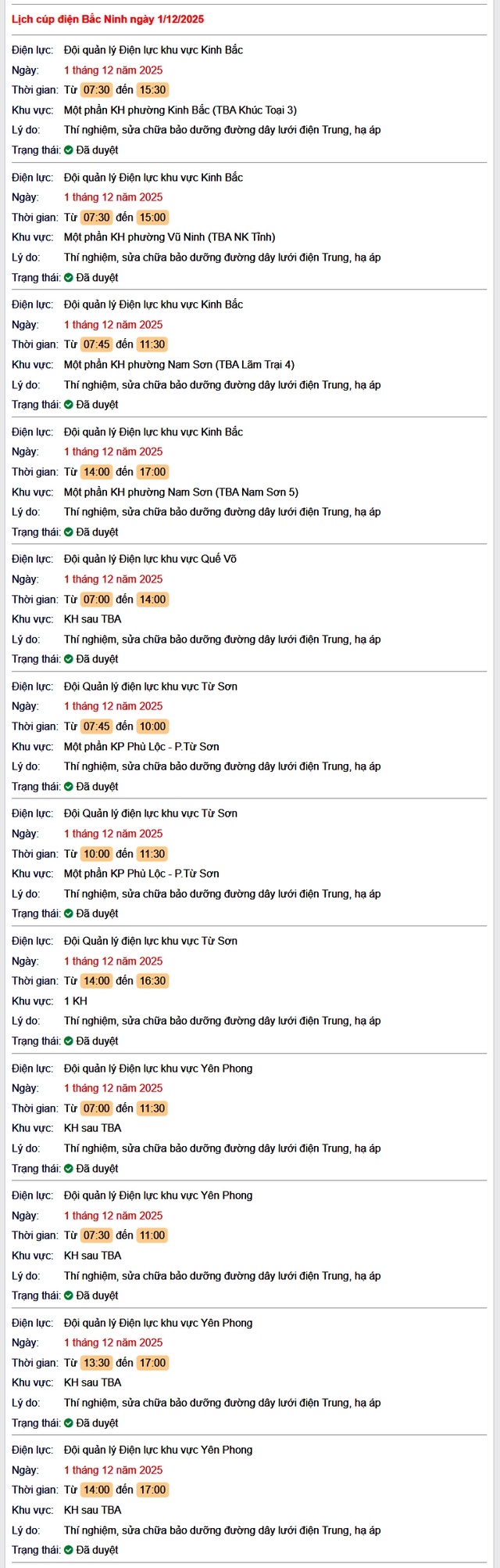Tra cứu lịch cắt điện Bắc Ninh hôm nay Thứ 2 ngày 1/12/2025- Ảnh 1.