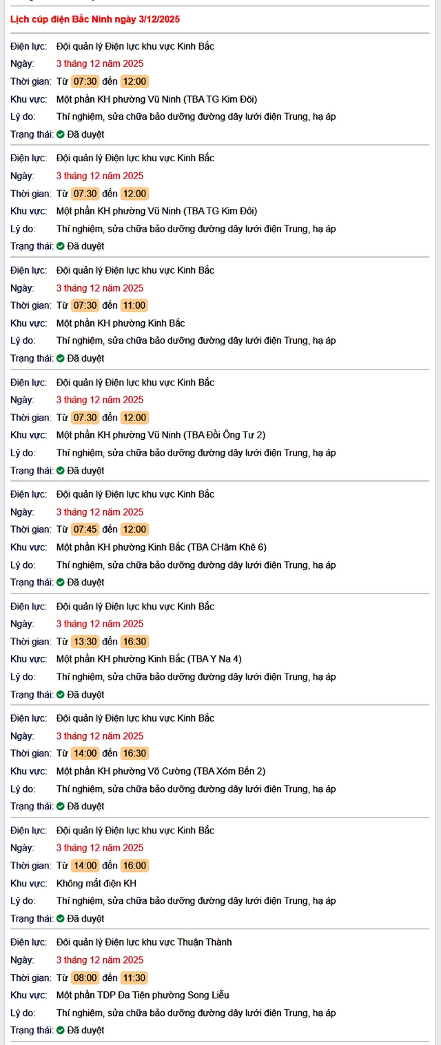 Tra cứu lịch cắt điện Bắc Ninh hôm nay Thứ 4 ngày 3/12/2025- Ảnh 1.