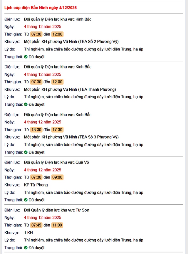 Tra cứu lịch cắt điện Bắc Ninh hôm nay Thứ 5 ngày 4/12/2025- Ảnh 1.