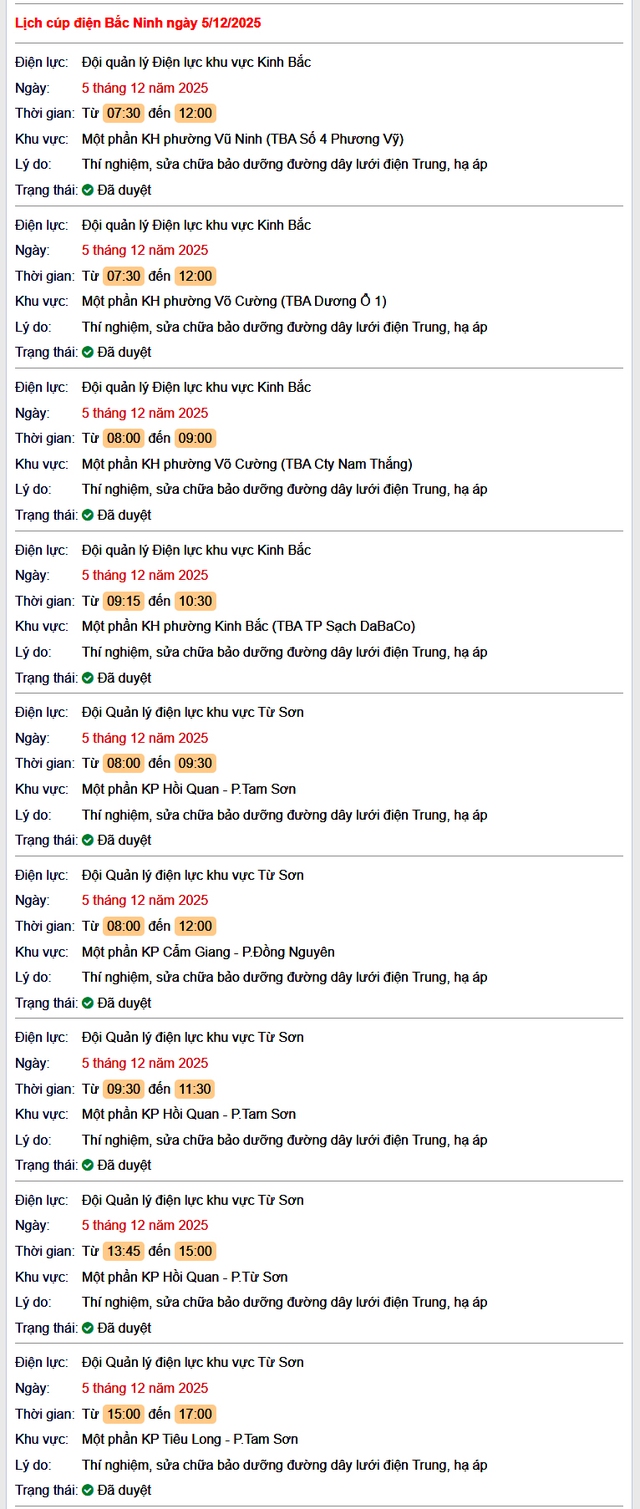 Tra cứu lịch cắt điện Bắc Ninh hôm nay Thứ 6 ngày 5/12/2025- Ảnh 1.