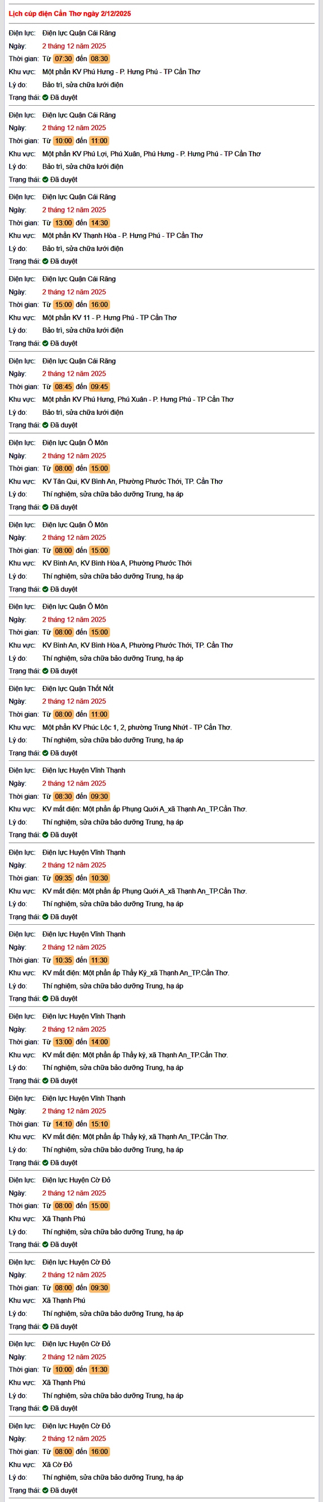 Tra cứu lịch cúp điện Cần Thơ hôm nay Thứ 3 ngày 2/12/2025- Ảnh 1.