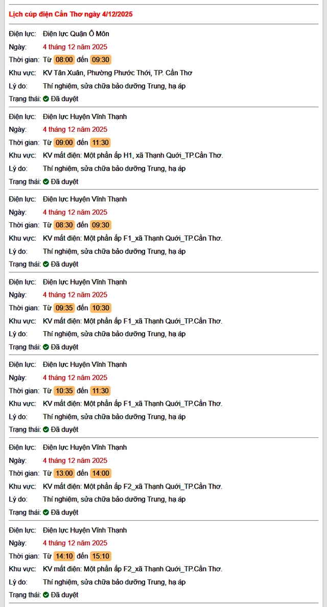 Tra cứu lịch cúp điện Cần Thơ hôm nay Thứ 5 ngày 4/12/2025- Ảnh 1.