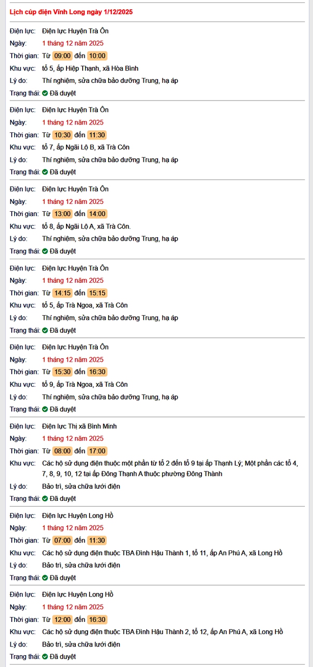 Tra cứu lịch cúp điện Vĩnh Long hôm nay Thứ 2 ngày 1/12/2025- Ảnh 1.