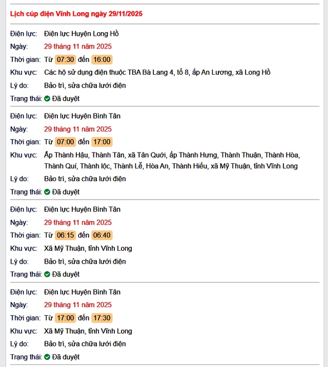 Tra cứu lịch cúp điện Vĩnh Long hôm nay Thứ 7 ngày 29/11/2025- Ảnh 1. Tra cứu lịch cúp điện Vĩnh Long hôm nay Thứ 7 ngày 29/11/2025- Ảnh 1.