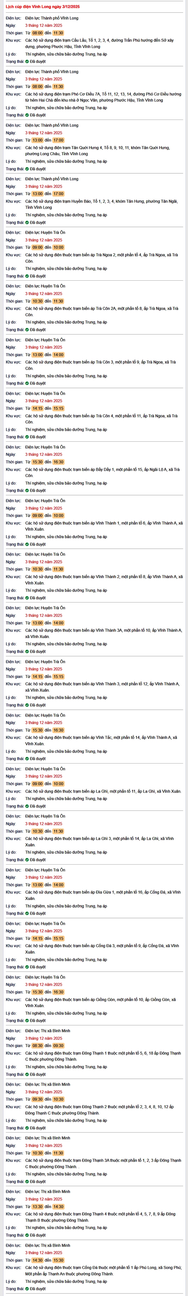 Tra cứu lịch cúp điện Vĩnh Long hôm nay Thứ 4 ngày 3/12/2025- Ảnh 1.