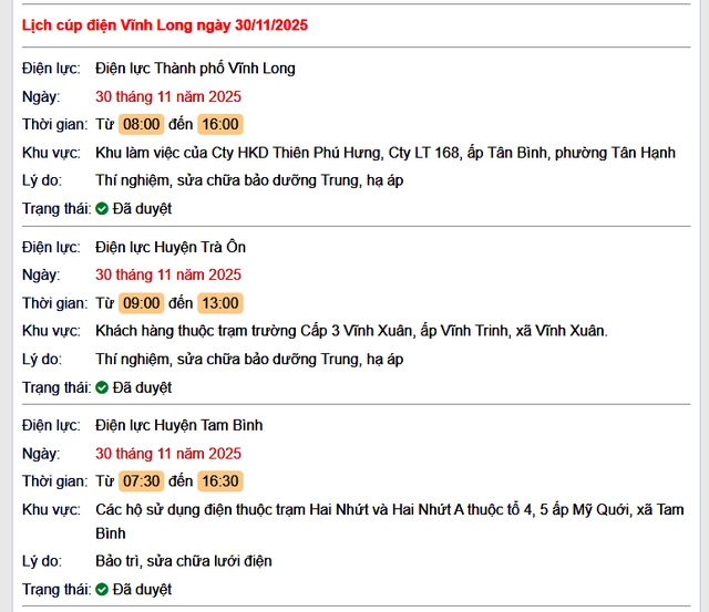 Tra cứu lịch cúp điện Vĩnh Long hôm nay Chủ Nhật ngày 30/11/2025- Ảnh 1. Tra cứu lịch cúp điện Vĩnh Long hôm nay Chủ Nhật ngày 30/11/2025- Ảnh 1.