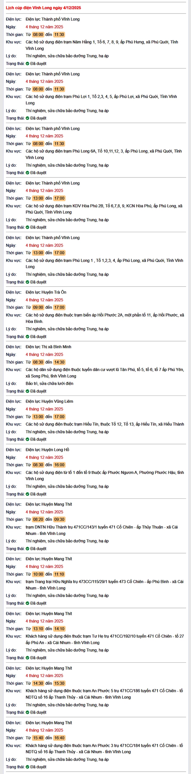 Tra cứu lịch cúp điện Vĩnh Long hôm nay thứ 5 ngày 4/12/2025- Ảnh 1.