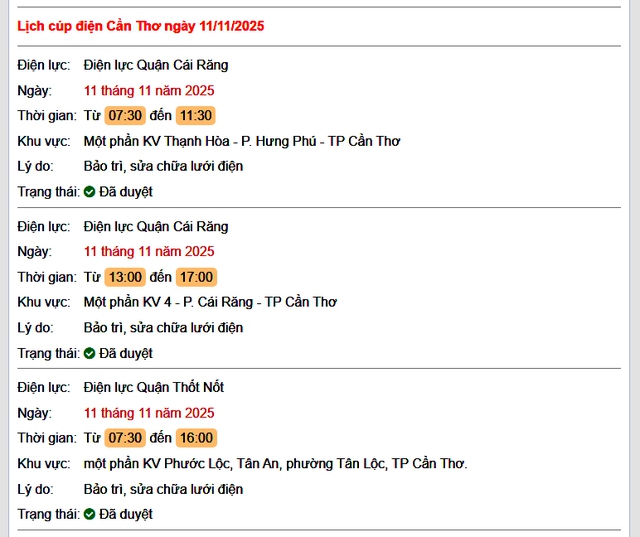 Tra cứu lịch cúp điện tại Cần Thơ hôm nay Thứ 3 ngày 11/11/2025 - Ảnh 1. Tra cứu lịch cúp điện tại Cần Thơ hôm nay Thứ 3 ngày 11/11/2025 - Ảnh 1.