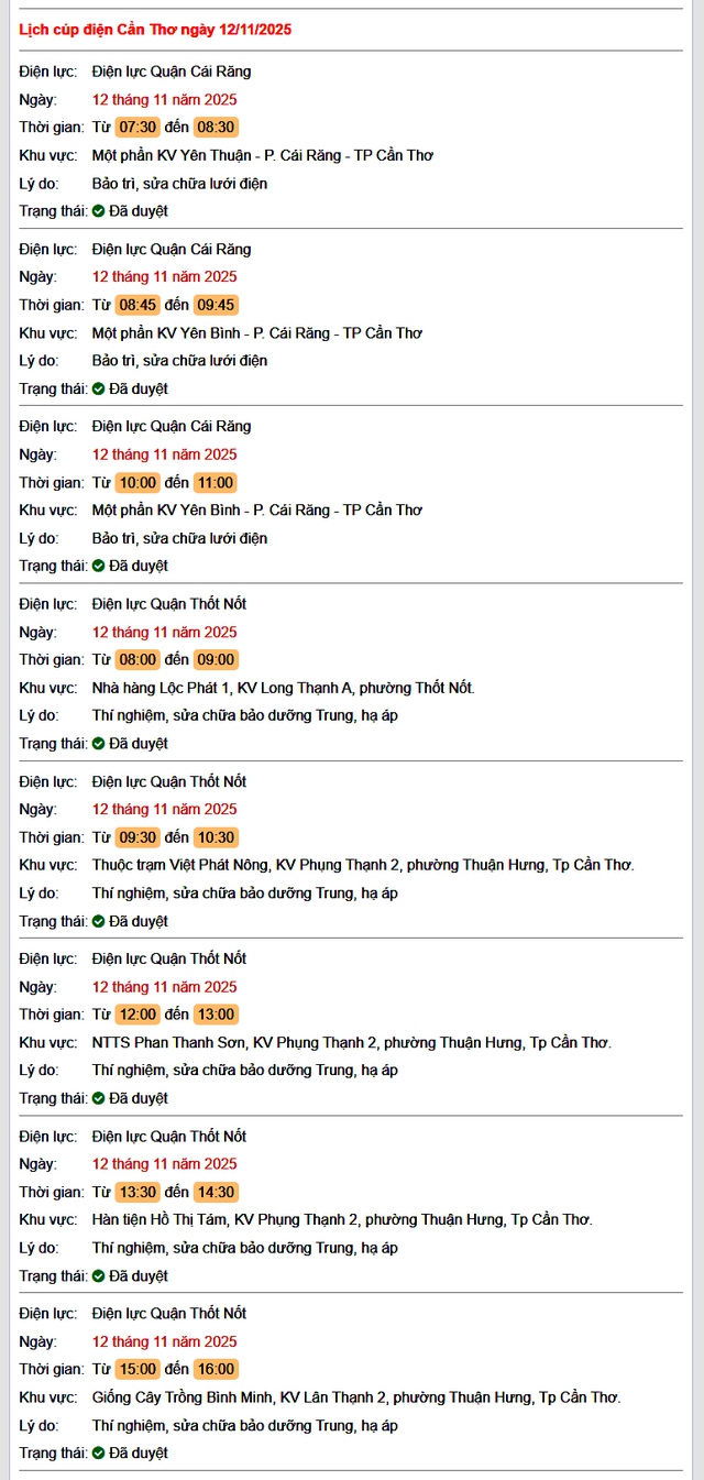 Tra cứu lịch cúp điện Cần Thơ hôm nay Thứ 4 ngày 12/11/2025- Ảnh 1. Tra cứu lịch cúp điện Cần Thơ hôm nay Thứ 4 ngày 12/11/2025- Ảnh 1.