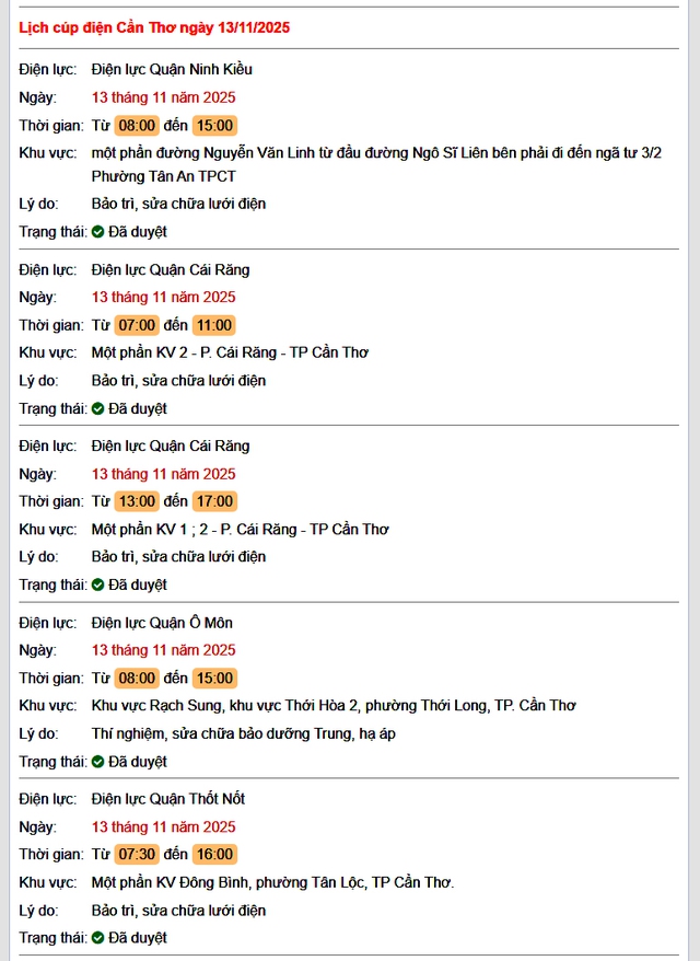 Tra cứu lịch cúp điện Cần Thơ hôm nay Thứ 5 ngày 13/11/2025- Ảnh 1.