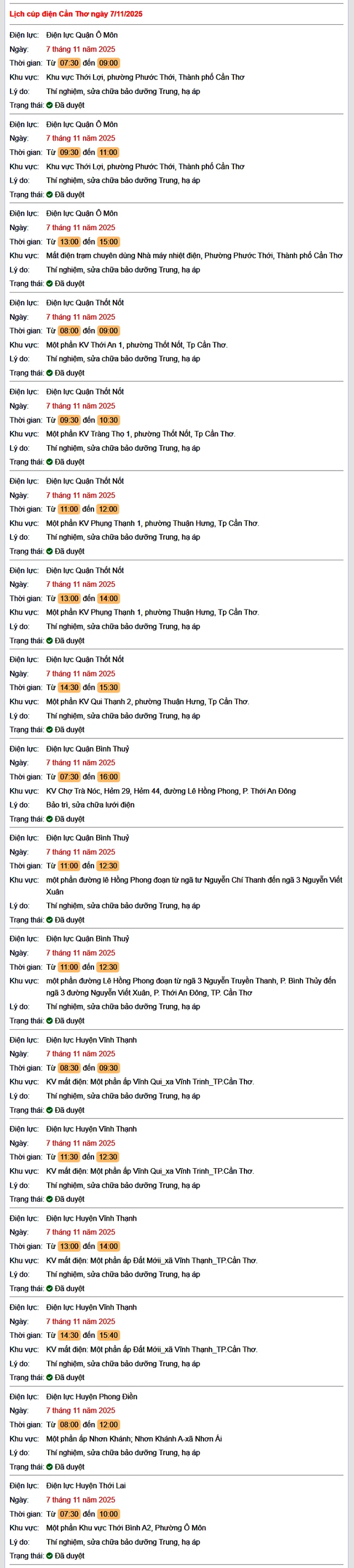 Tra cứu lịch cúp điện hôm nay Thứ 6 ngày 7/11/2025 tại Cần Thơ- Ảnh 1. Tra cứu lịch cúp điện hôm nay Thứ 6 ngày 7/11/2025 tại Cần Thơ- Ảnh 1.