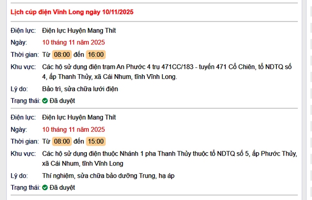 Tra cứu lịch cúp điện tại Vĩnh Long hôm nay, Thứ 2 ngày 10/11/2025- Ảnh 1. Tra cứu lịch cúp điện tại Vĩnh Long hôm nay, Thứ 2 ngày 10/11/2025- Ảnh 1.
