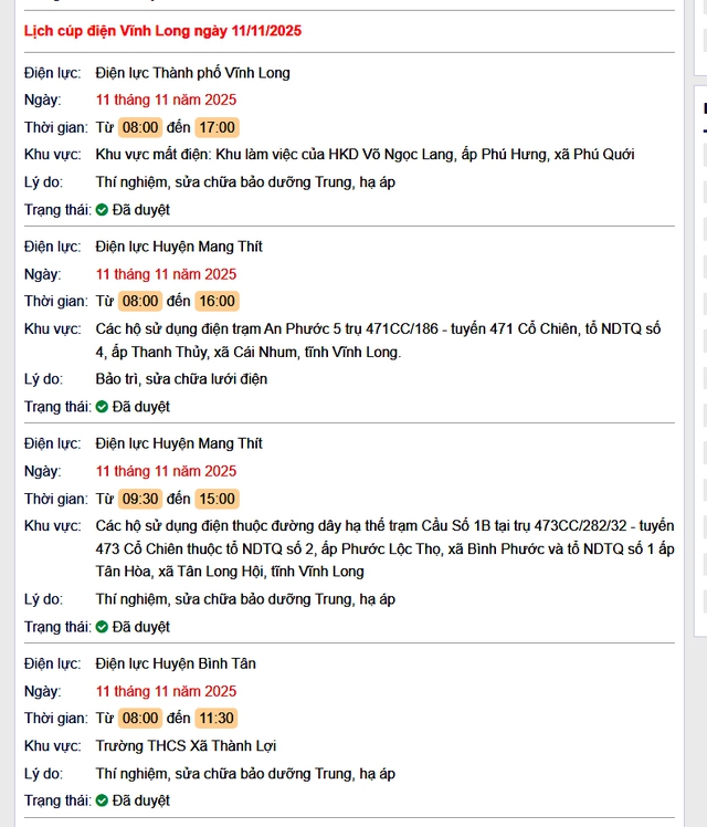 Tra cứu lịch cúp điện Vĩnh Long hôm nay Thứ 3 ngày 11/11/2025 - Ảnh 1. Tra cứu lịch cúp điện Vĩnh Long hôm nay Thứ 3 ngày 11/11/2025 - Ảnh 1.