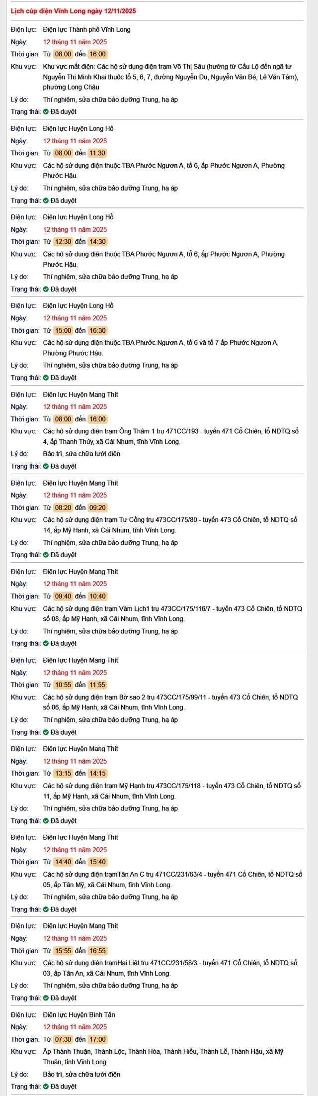 Tra cứu lịch cúp điện tại Vĩnh Long hôm nay, Thứ 4 ngày 12/11/2025- Ảnh 1. Tra cứu lịch cúp điện tại Vĩnh Long hôm nay, Thứ 4 ngày 12/11/2025- Ảnh 1.