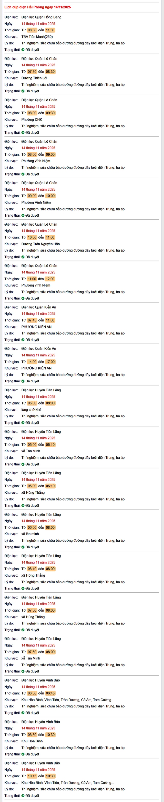 Tra cứu lịch cắt điện Hải Phòng hôm nay Thứ 6 ngày 14/11/2025- Ảnh 1. Tra cứu lịch cắt điện Hải Phòng hôm nay Thứ 6 ngày 14/11/2025- Ảnh 1.