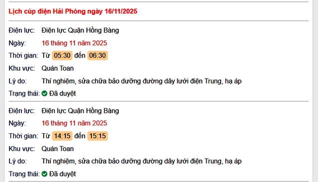 Tra cứu lịch cắt điện Hải Phòng hôm nay Chủ Nhật ngày 16/11/2025- Ảnh 1. Tra cứu lịch cắt điện Hải Phòng hôm nay Chủ Nhật ngày 16/11/2025- Ảnh 1.