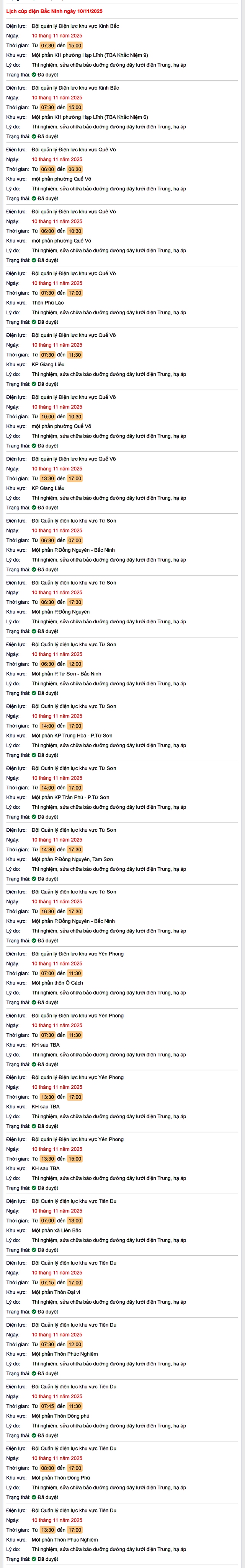 Tra cứu lịch cắt điện Bắc Ninh hôm nay Thứ 2 ngày 10/11/2025- Ảnh 1. Tra cứu lịch cắt điện Bắc Ninh hôm nay Thứ 2 ngày 10/11/2025- Ảnh 1.